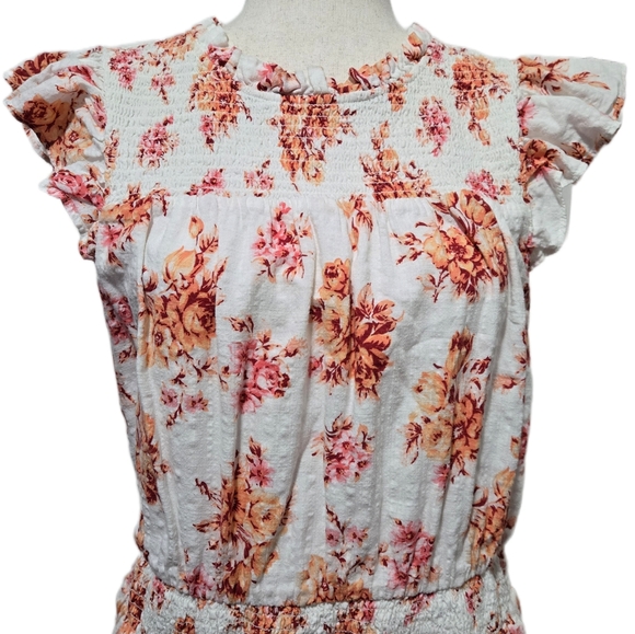 LOFT Floral Smocked Waist Tiered Dress Size Large White Orange Ruffle Cap Sleeve - Picture 2 of 14